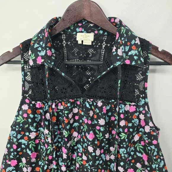 Kate Spade New York Top Black Floral Greenhouse Lace Yoke Tassels Boho Size L - Picture 2 of 12